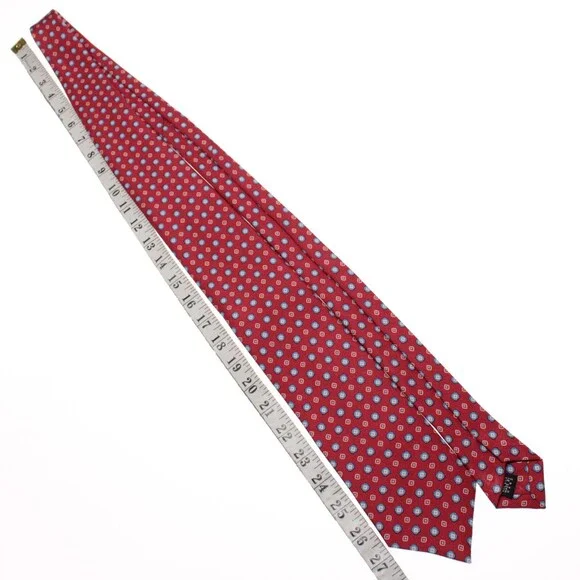 Drake's NWT Neck Tie in Red with Light Blue & White Geometric Pattern 100% Silk